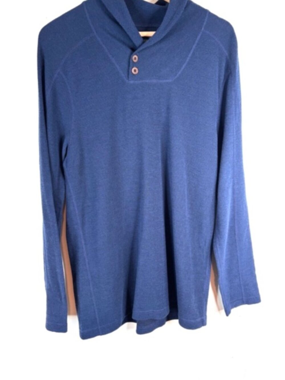 Ibex Merino Wool Sweater Mens Large Blue Shawl Collar Button Henley Made in USA